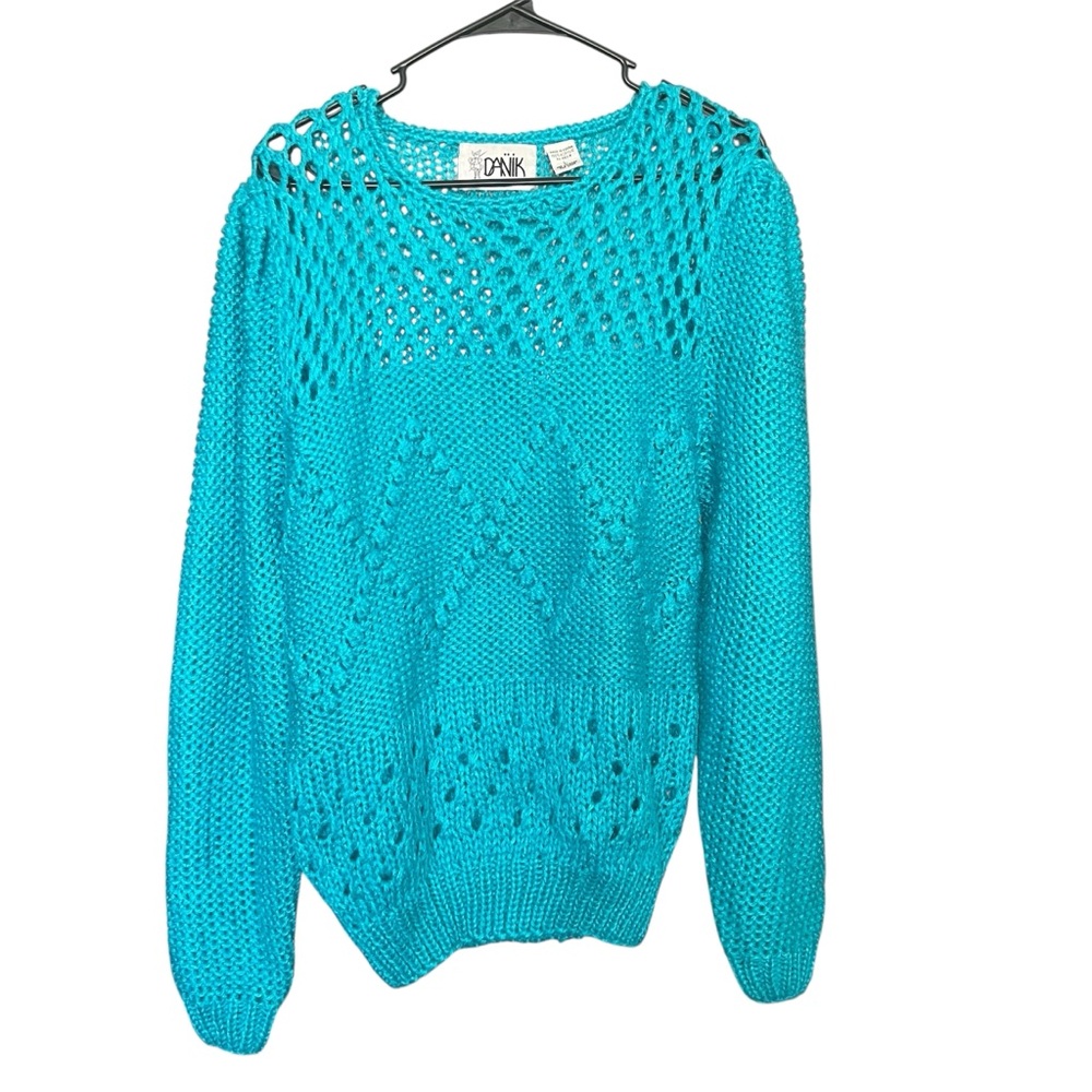 VTG Danik of California Sweater SZ L Aqua Retro Boho Cabincore Cozy Hipster - Picture 3 of 9